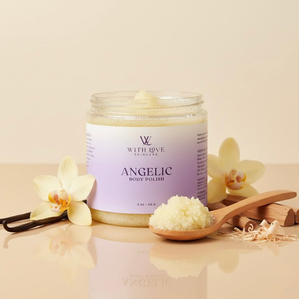 Jar of 'Angelic' body polish with vanilla beans and flowers on a beige background