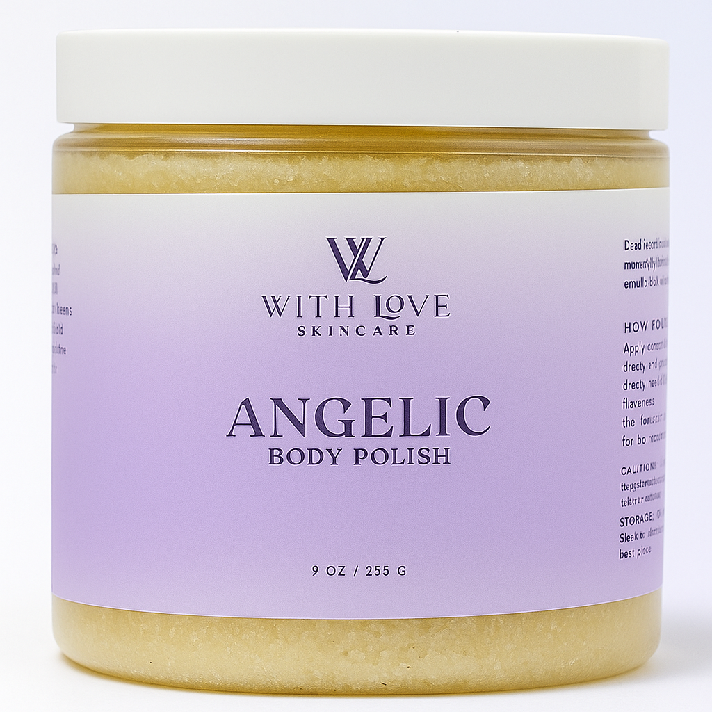 Jar of 'Angelic Body Polish' from With Love Skincare on a white background
