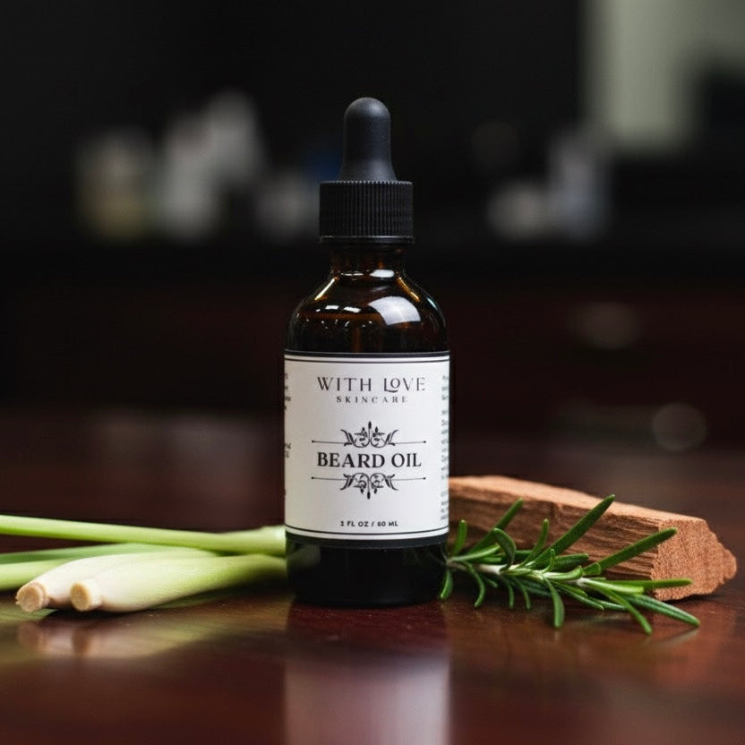 Bottle of beard oil with a dropper on a wooden surface with herbs.