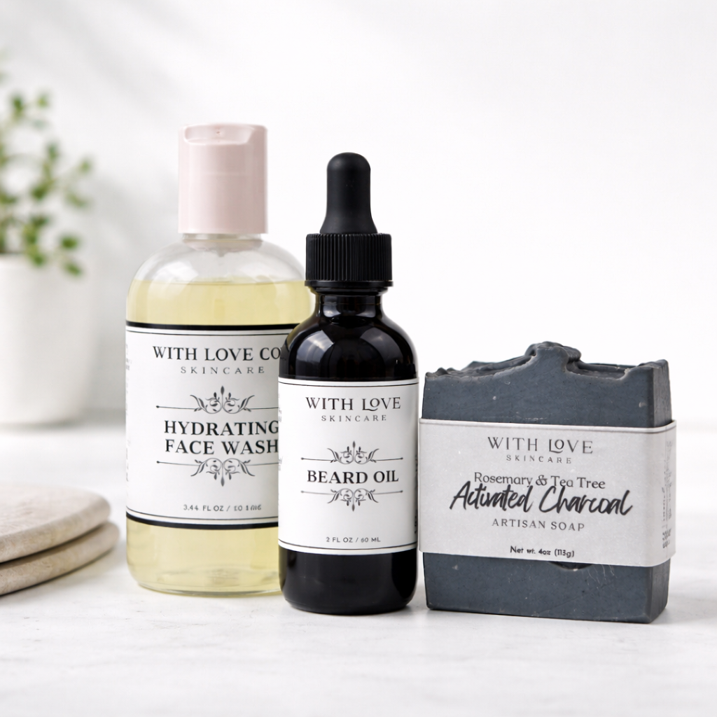 Three skincare products from With Love Skincare on a white surface with a plant in the background.