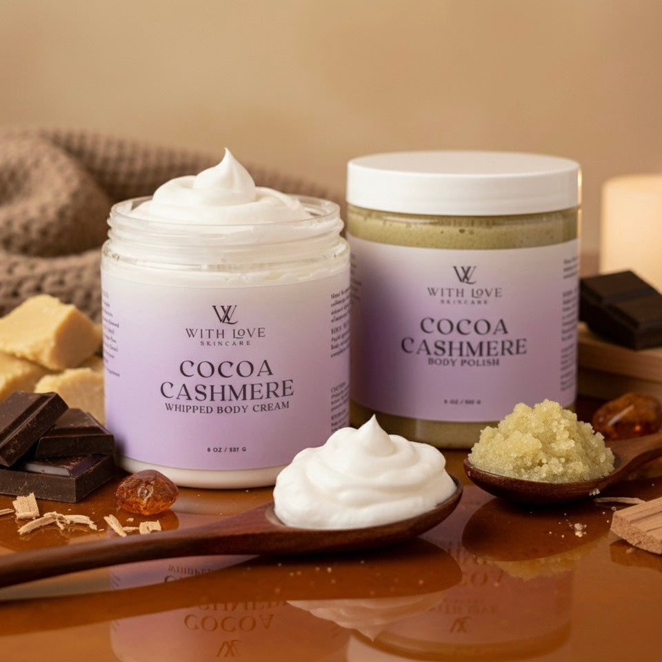 With Love Cocoa Cashmere Set with body cream and body polish, part of your essential skin care routine, with cedarwood, vanilla, and cocoa butter for moisturizing and exfoliating.