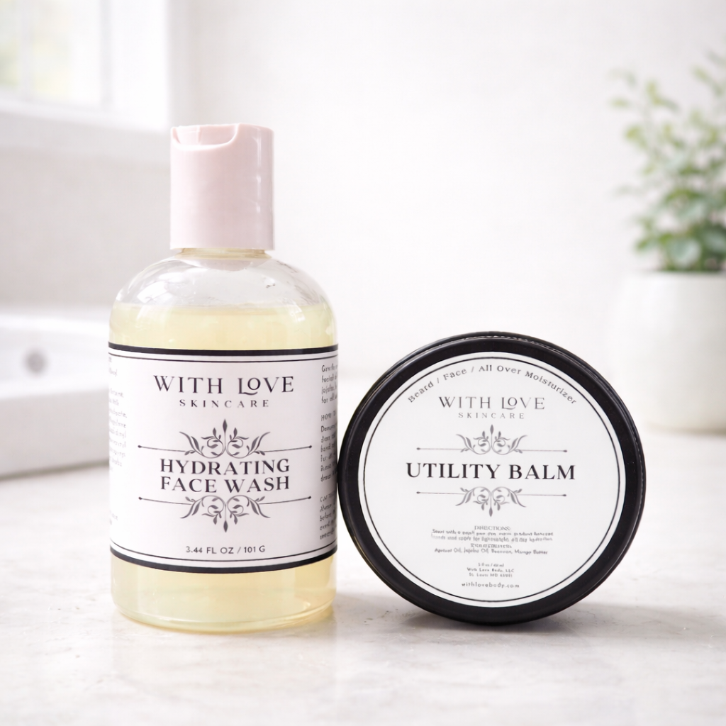 Skincare products including face wash and balm from With Love Skincare on a neutral background.