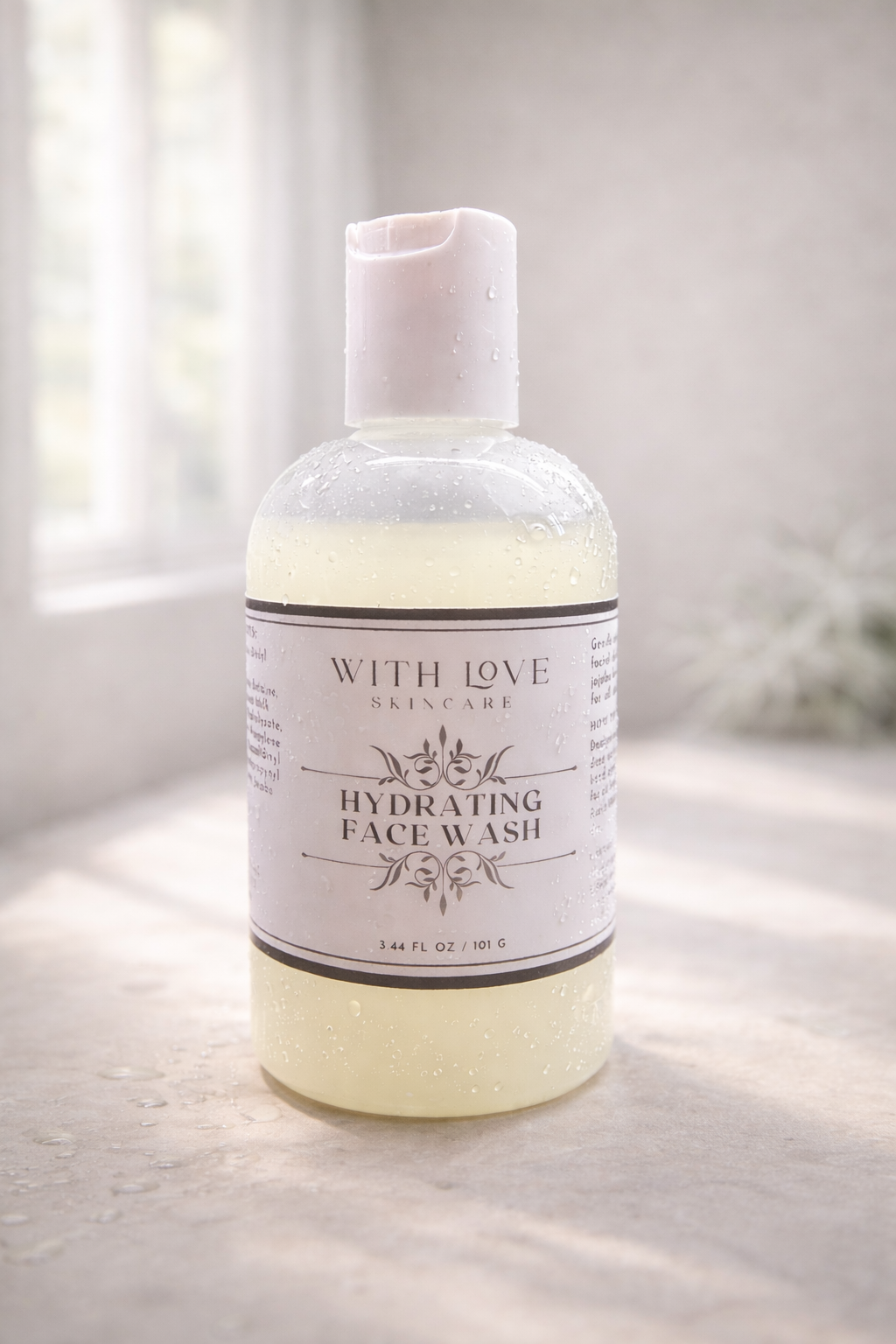 Bottle of hydrating face wash with a label on a light background