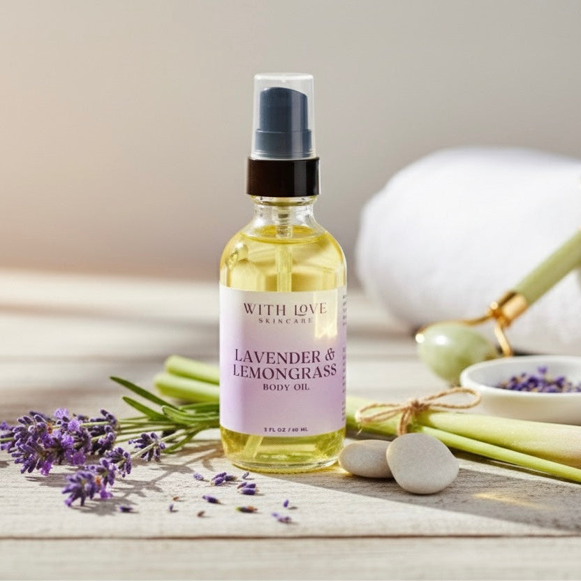 Bottle of lavender and lemongrass body oil on a wooden surface with lavender flowers and lemongrass stalks.