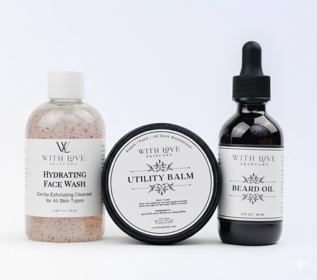 Three skincare products from 'With Love' brand on a white background. Men's Ultimate Grooming Set with hydrating face wash, beard oil, and utility balm for essential skin care.