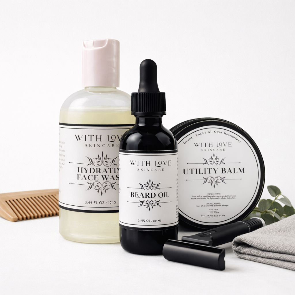 Set of skincare and grooming products including a bottle, oil, balm, and razor on a white background.