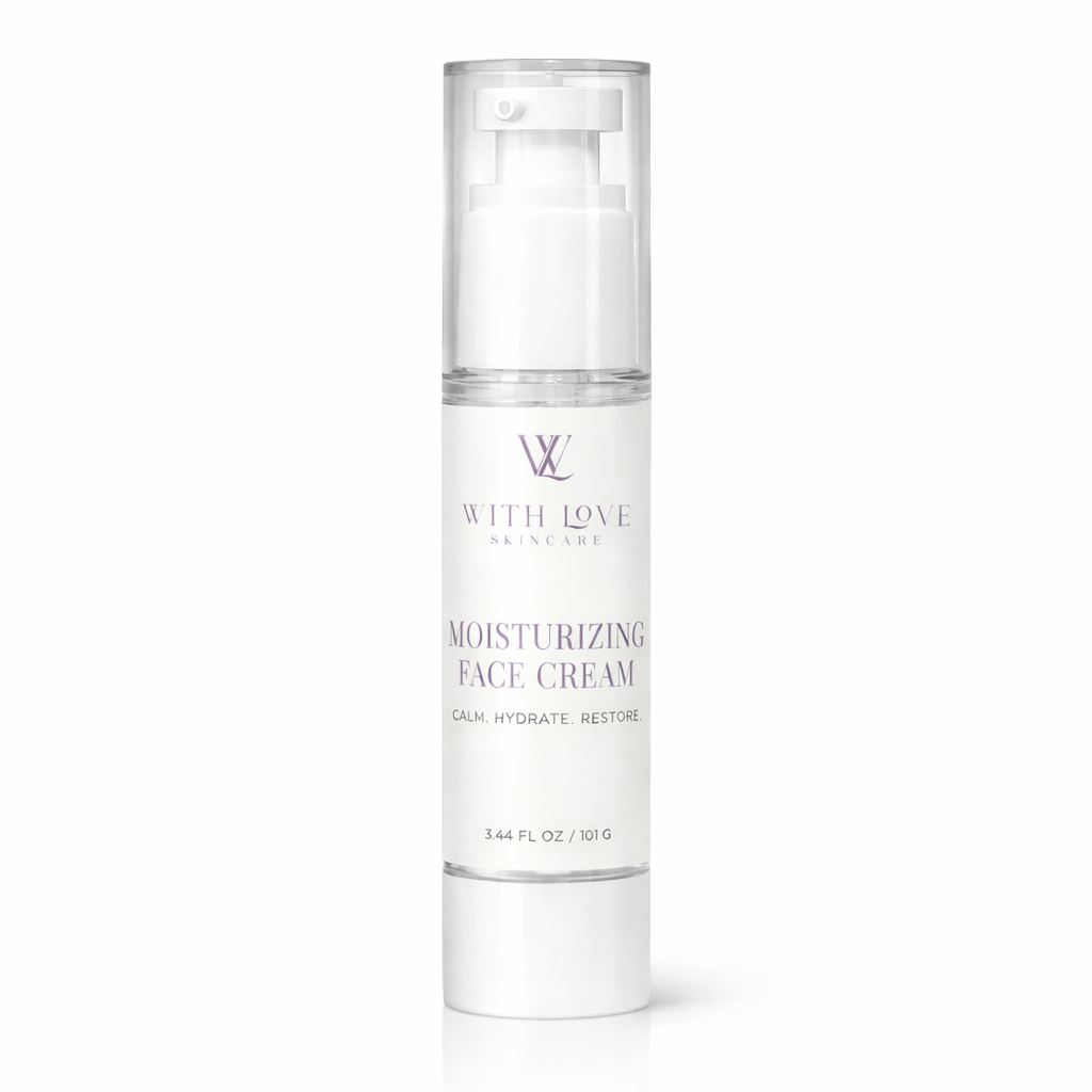 Moisturizing face cream bottle with 'With Love' branding on a white background