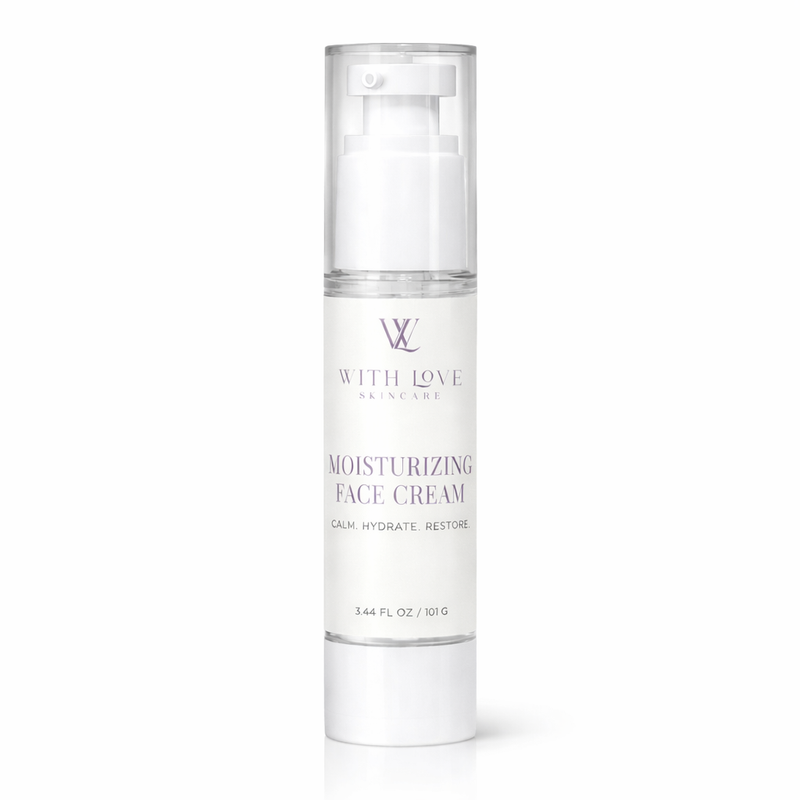 Moisturizing face cream bottle with 'With Love' branding on a white background