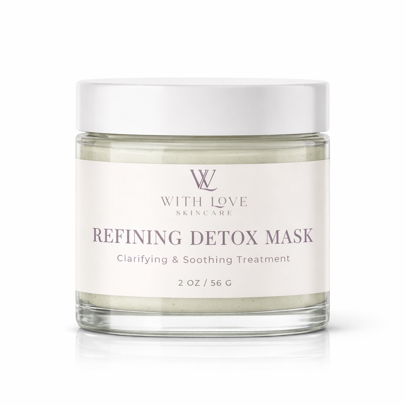 Refining Detox Mask jar with 'With Love Skincare' branding on a white background