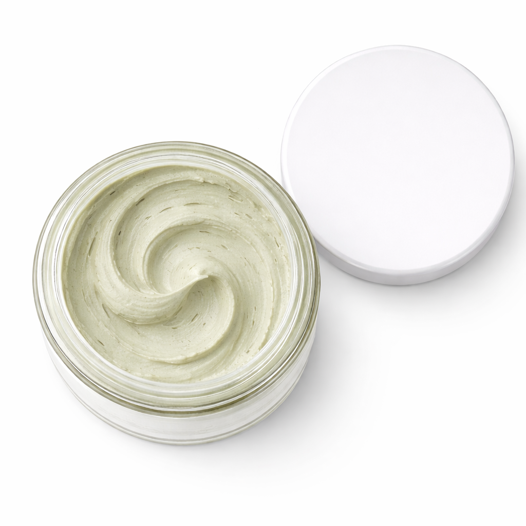 Jar of cream with a white lid on a white background