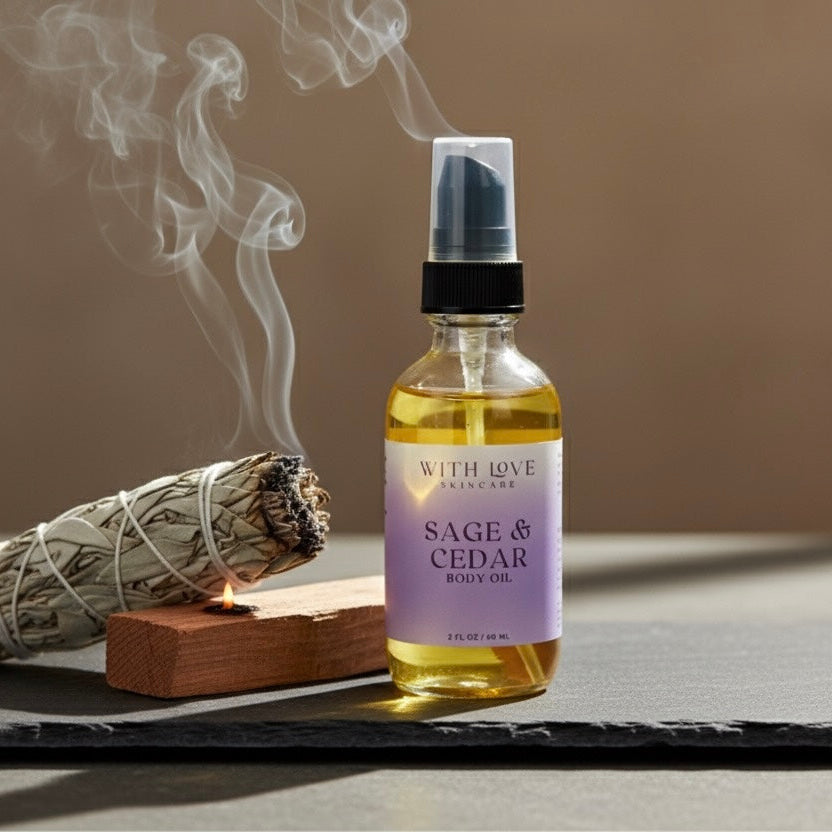 Bottle of Sage & Cedar body oil with a smoking sage bundle and candle on a dark surface.