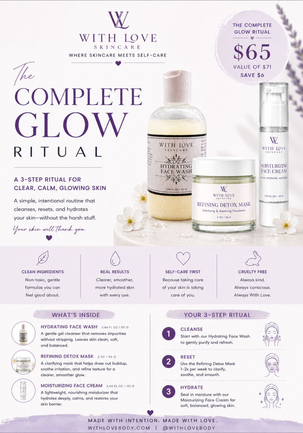 With Love Skincare Complete Glow Ritual set with products and packaging details.
