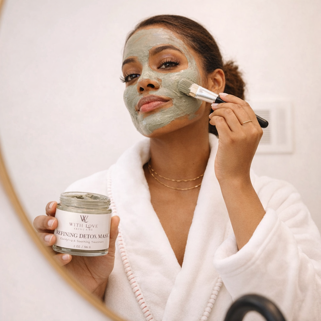 Woman applying a facial mask with a brush and holding a jar of mask in front of a mirror.