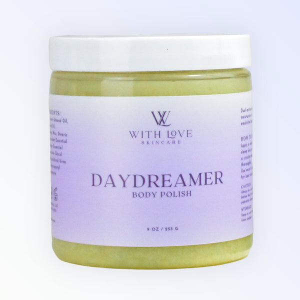 Daydreamer Body Polisher, part of your essential skin care routine, exfoliating and hydrating with lavender and orange essential oils for silky smooth skin.